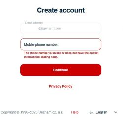 Formularz rejestracji na stronie Seznam z błędem dotyczącym nieprawidłowego numeru telefonu.