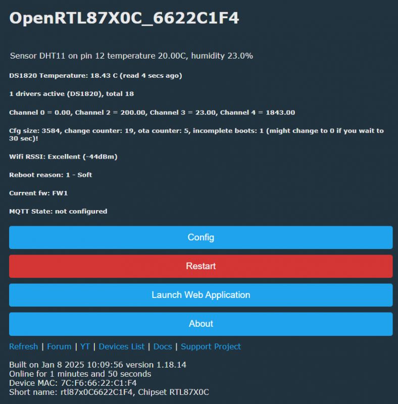 Screenshot of the OpenRTL87X0C_6622C1F4 device management panel.