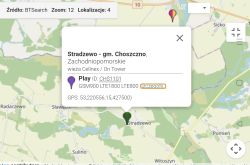 Mapa z zaznaczoną lokalizacją nadajnika sieci Play w Stradzewie, gm. Choszczno