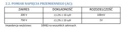 Tabela z informacjami o pomiarze napięcia przemiennego dla miernika M830B.