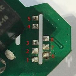 PCB with marked pin numbers for connecting ESP8266.