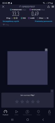 Zrzut ekranu z aplikacji Speedtest pokazujący prędkość pobierania 33,3 Mbps i wysyłania 0,49 Mbps.
