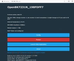 OpenBK7231N user interface with buttons for configuration, restart, and launching the web application.