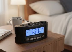 Black digital alarm clock with blue display showing 7:30 AM on a bedside table