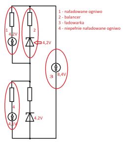 Schemat elektryczny balancera baterii Li-Ion z użyciem diody Zenera.