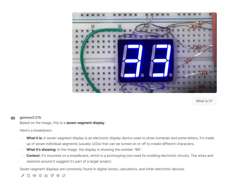 Seven-Segment Display on Breadboard Seven-segment display on a breadboard showing the number 88.