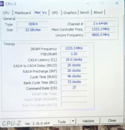 Zrzut ekranu CPU-Z pokazujący pamięć DDR4 o częstotliwości 1333,3 MHz