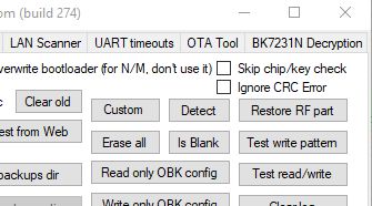 Screenshot of a tool window with tabs “LAN Scanner”, “UART timeouts”, and “BK7231N Decryption”.