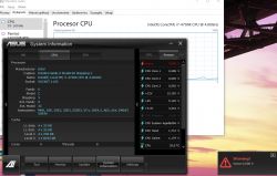 Zrzut ekranu przedstawiający ASUS System Information z danymi o procesorze i napięciach.
