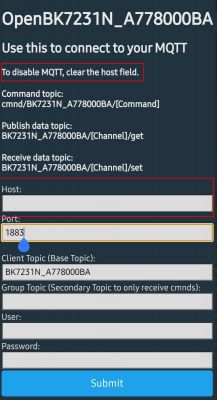 MQTT settings interface with an empty host field and highlighted warning.
