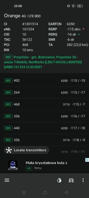 Zrzut ekranu z aplikacji HManager pokazujący parametry sieci LTE Orange na częstotliwości 800 MHz.