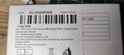 Label with barcode and product information for the WiFi Smart Thermostat LED Display Electri Temperature and Humidity Sensor model TH03.