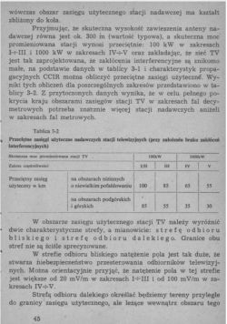 Skan strony książki po polsku z tabelą „Tablica 3-2” o zasięgach użytecznych stacji TV.