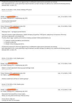 Zrzut ekranu z korespondencji e-mail o teście „Polska Telewizja IPTV”, z zamazanymi danymi