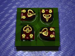 3D render of a PCB with four trimmer potentiometers labeled PR2–PR4 and values 100k, 1k, 22k