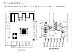 Mechanical drawing of T1‑U‑HL PCB module, top and bottom views with dimensions and pin labels