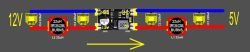 Schemat z podwójnym filtrem PI i przetwornicą step-down między 12V a 5V