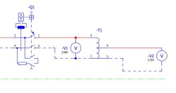 Schemat elektryczny z wyłącznikiem Q1, transformatorem T1 i woltomierzami V1 230 V oraz V2 115 V