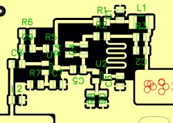 Projekt płytki PCB wzmacniacza antenowego z elementami R, L, C oraz masą.