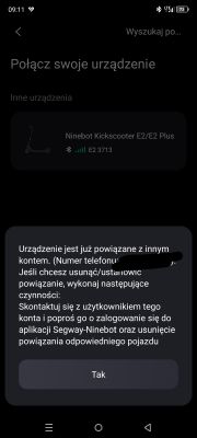 Ekran aplikacji hulajnogi Ninebot z komunikatem o już dodanym użytkowniku.