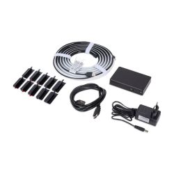 Complete Electronic Installation Kit Set of electronic installation items: cable, power supply, cord, black box, and mounting clips.
