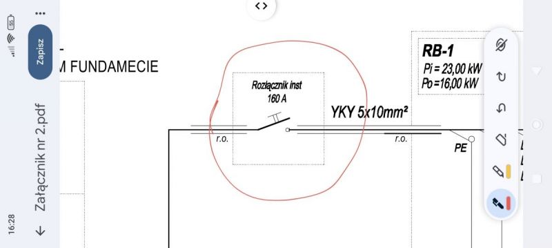 Schemat z rozłącznikiem instalacyjnym 160 A