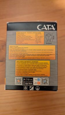 Back side of CATA CT-4010 smart plug box displaying technical data and app info