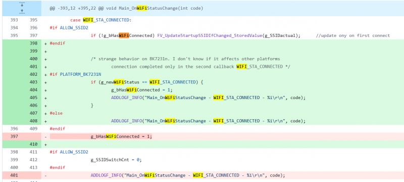 Code fragment in a Pull Request indicating a fix in WiFi connection handling, with differences in the implementation for the BK7231N platform.