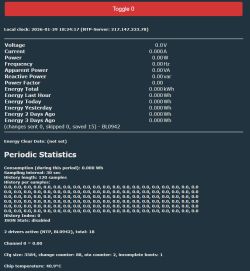 Interface screen with electrical consumption data, all values displayed as 0