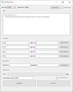 Screenshot of developer mode interface showing user configuration for serial port setup.