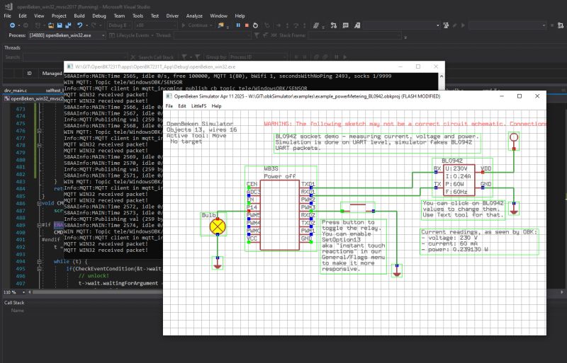 OpenBeken Simulator Screenshot with Circuit and Terminal Log Screenshot of OpenBeken simulator showing a circuit diagram with elements like a bulb and a BL0942 chip, and a terminal log window.