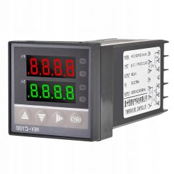 Elektroniczny regulator temperatury z wyświetlaczami LED i przyciskami.