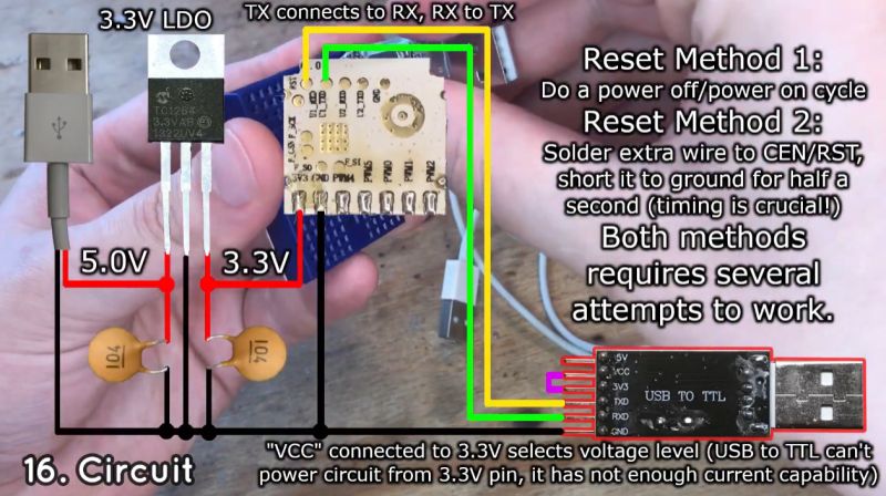 Programming connection using 3.3 V USB to UART converter Connection diagram for programming an IoT module using a USB to TTL adapter