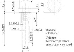 Rysunek techniczny diody LED 5mm z wymiarami i oznaczeniami anod i katod.