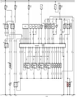 Schemat elektryczny układu wentylatorów z oznaczeniami komponentów takich jak przekaźniki, włączniki termiczne oraz sterowniki.