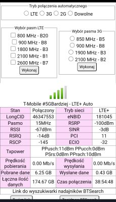 Zrzut ekranu z aplikacji do monitorowania sieci komórkowej LTE+ T-Mobile