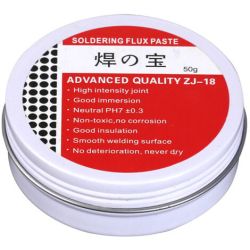 Soldering flux paste ZJ-18 tin with red and white label showing product features
