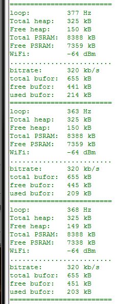 Debug screen showing ESP memory, WiFi signal, and 320 kB/s bitrate in three readings