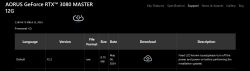 Zrzut ekranu strony wsparcia AORUS GeForce RTX 3080 MASTER 12G z informacjami o aktualizacji firmware'u rozwiązyjącej problemy z LCD.