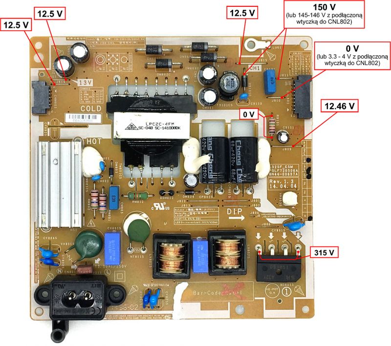 SAMSUNG UE32H5000AW - Brak podświetlenia, diagnoza i pomiary zasilacza BN44-00697A