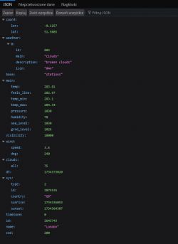 Screenshot displaying weather data in JSON format for London from OpenWeatherMap API.