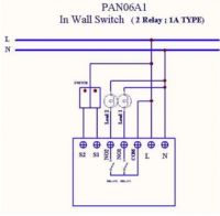 Diagram of Fibaro Dimmer FDG211 in a staircase installation with bistable switches