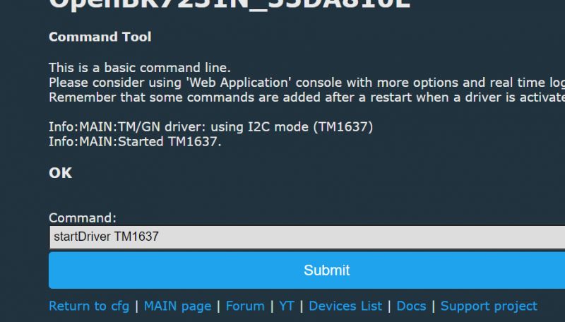 OpenBeken Interface with TM1637 Driver Started OpenBeken interface screen with TM1637 driver started