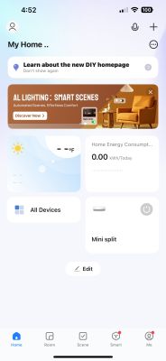 Main screen of a smart home management app with device control options visible.