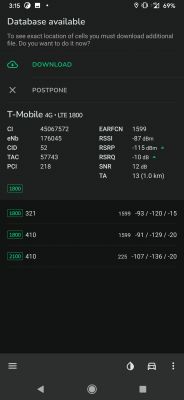 Zrzut ekranu z aplikacji pokazujący parametry sygnału T-Mobile 4G LTE 1800 na telefonie.