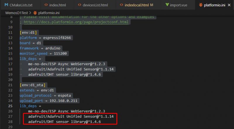 PlatformIO: Konfiguration der Adafruit-Bibliotheken PlatformIO-Bibliothekskonfiguration mit hinzugefügten Adafruit-Bibliotheken