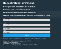 OpenESP32C3 page for static IP or DHCP with fields for IP, mask, DNS, and gateway
