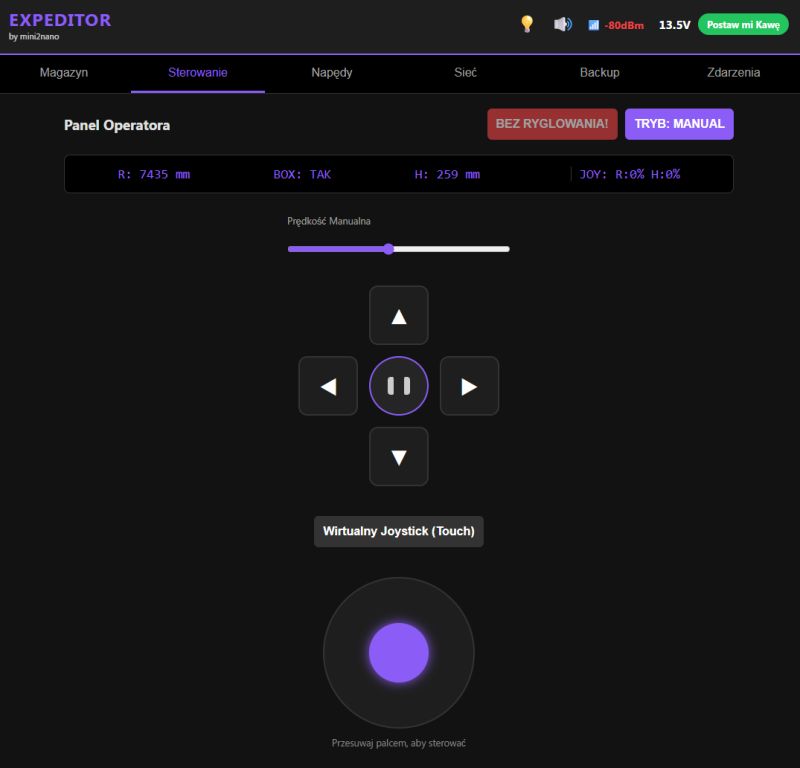 Robot EXPEDITOR control panel with virtual joystick and directional buttons