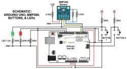 Schemat połączeń Arduino Uno R3 z czujnikiem BMP280, dwoma przyciskami i dwiema diodami LED z rezystorami