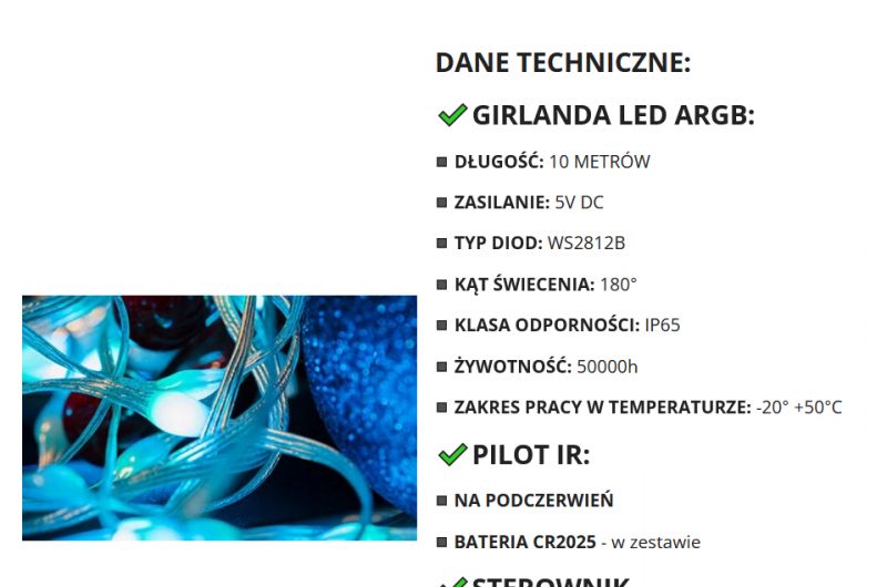 WS2812B LED Garland - Technical Details Close-up of technical details for WS2812B LED garland with an image of the lights.
